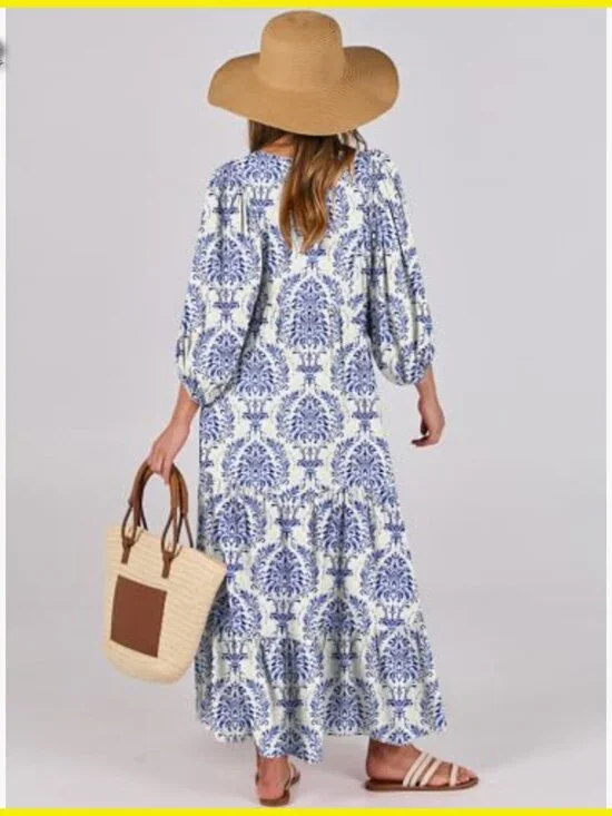 Boho Maxi Dress Flowy Swing V Neck Puff Sleeve Floral Casual Elegant - Picture 4 of 7